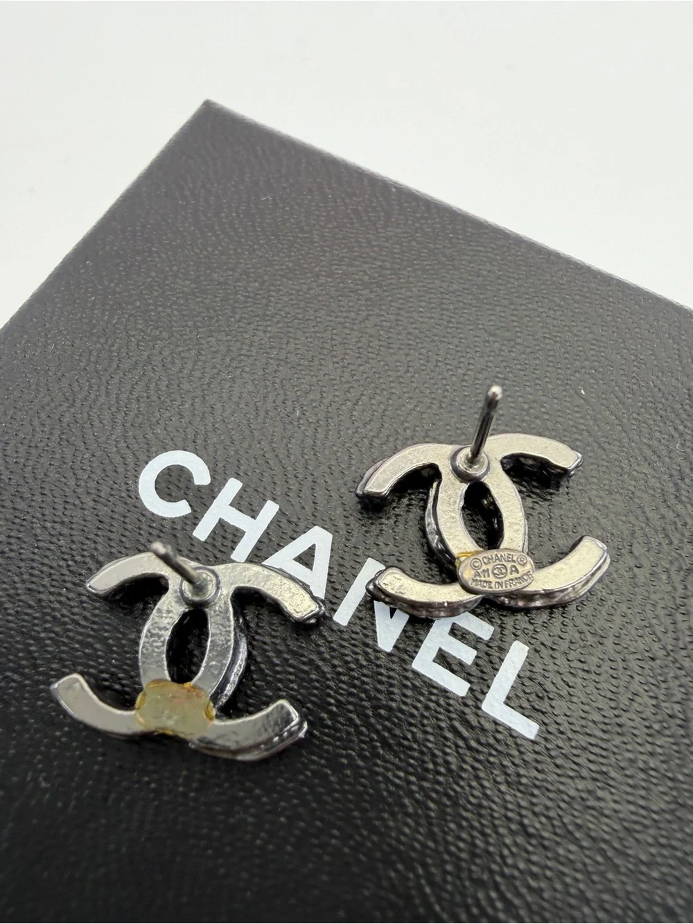 Chanel Black CC Crystal Ruthenium Studs Earrings